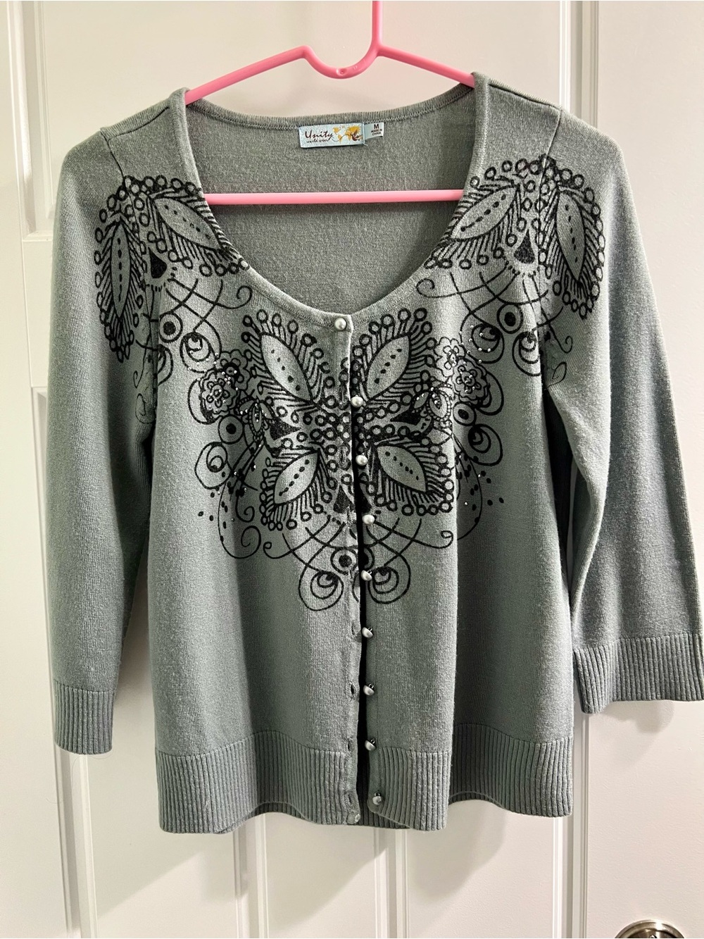Unity World Wear Gray Embellished Scoop Neck Button Cardigan